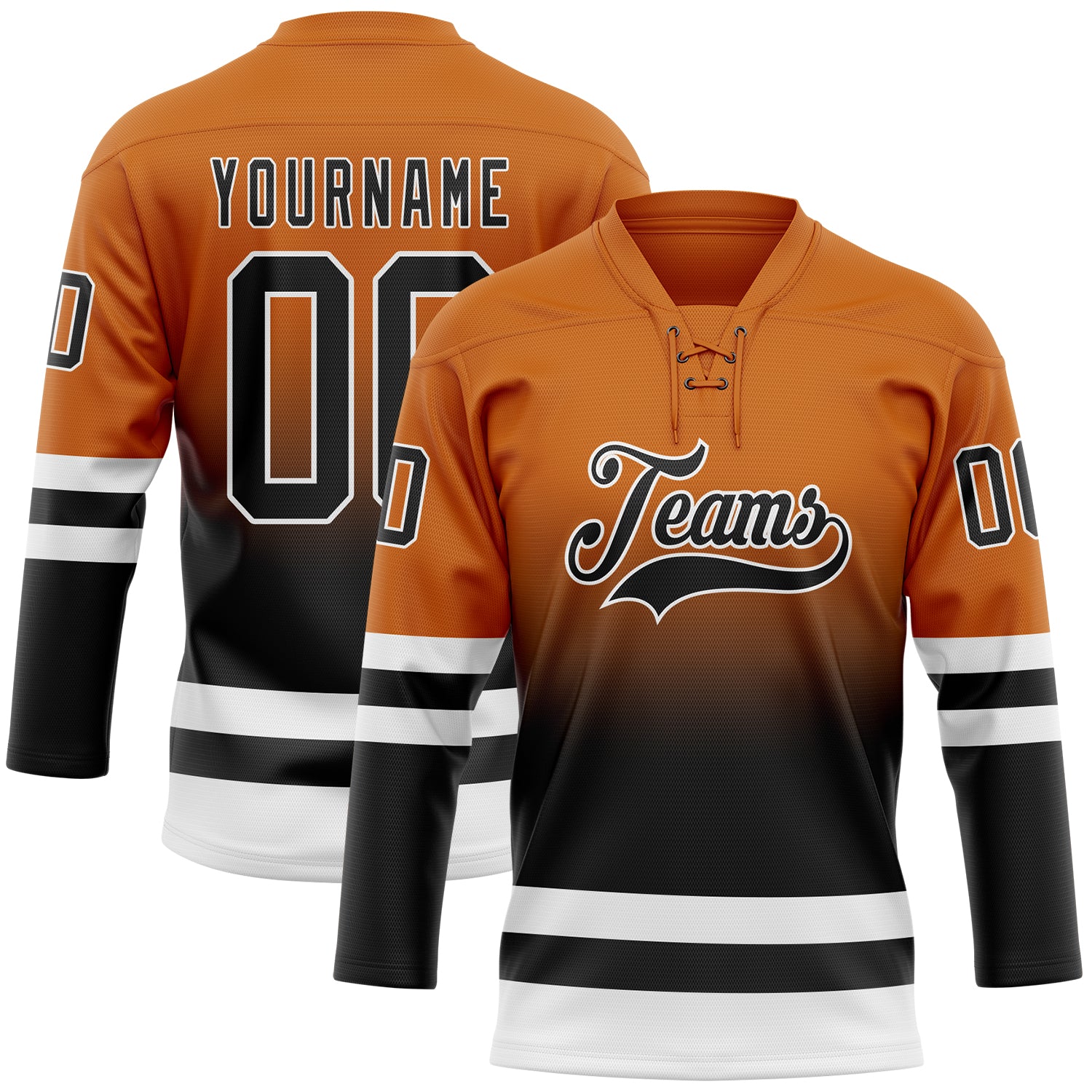Custom Texas Orange Black-White Fade Fashion Hockey Lace Neck Jersey - Main View