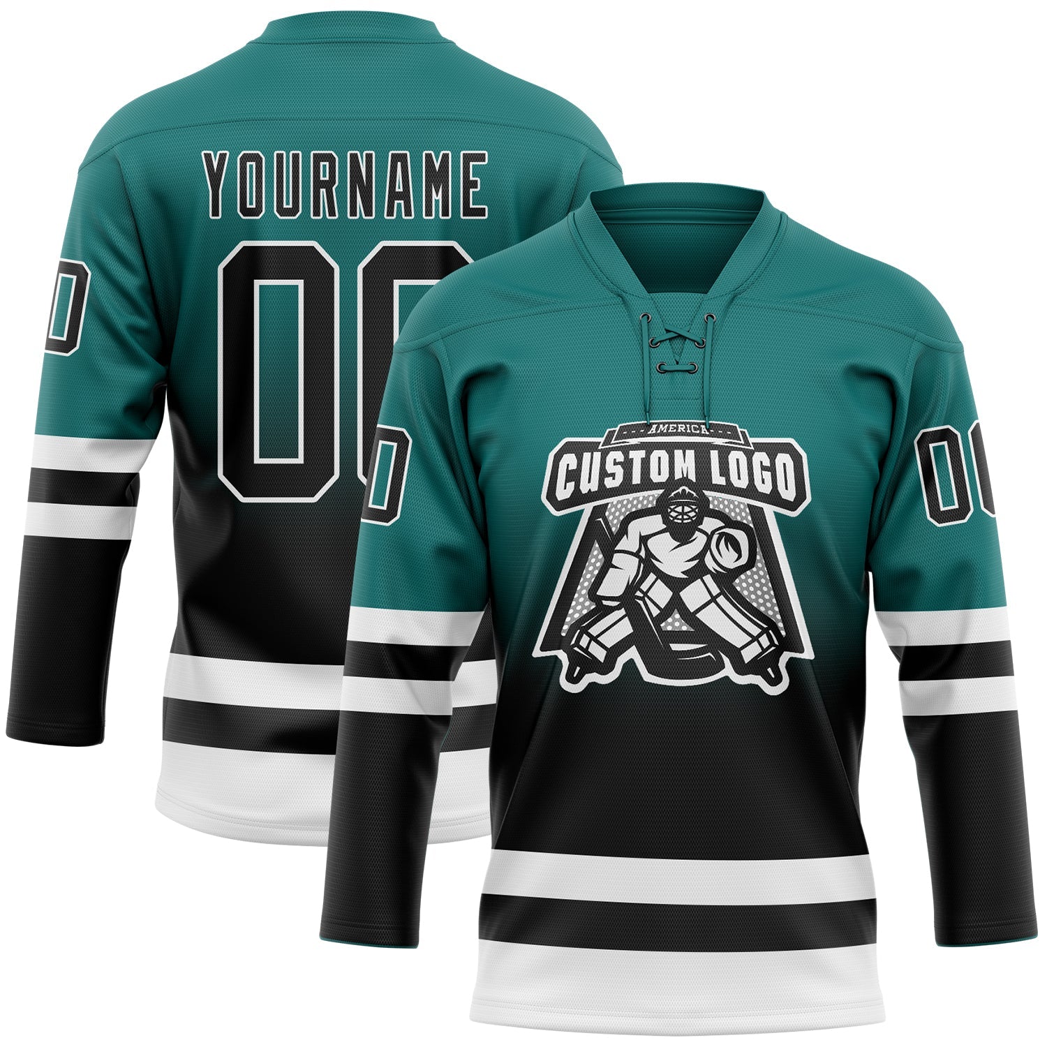 Custom Teal Black-White Fade Fashion Hockey Lace Neck Jersey view 2