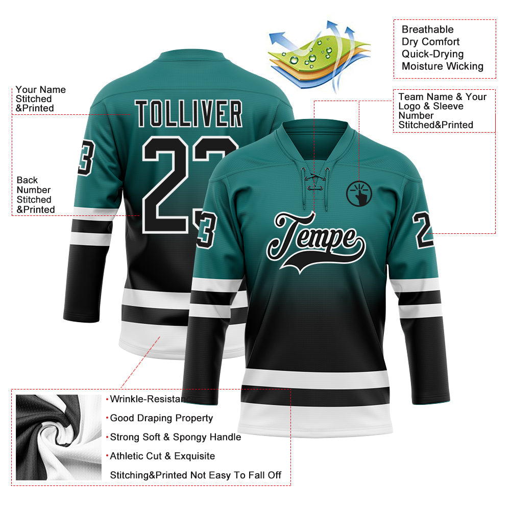 Custom Teal Black-White Fade Fashion Hockey Lace Neck Jersey view 5