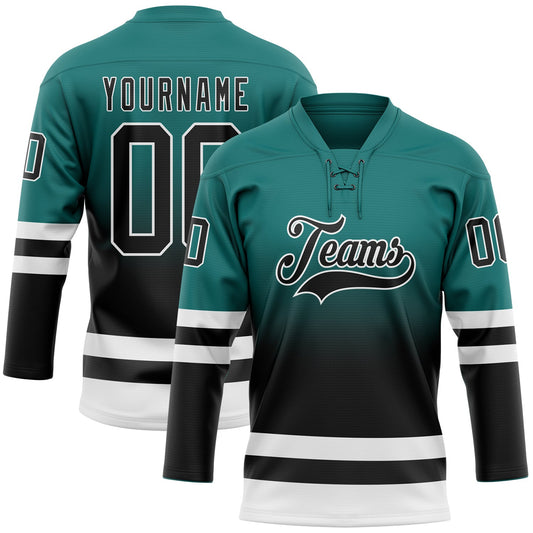 Custom Teal Black-White Fade Fashion Hockey Lace Neck Jersey - Main View