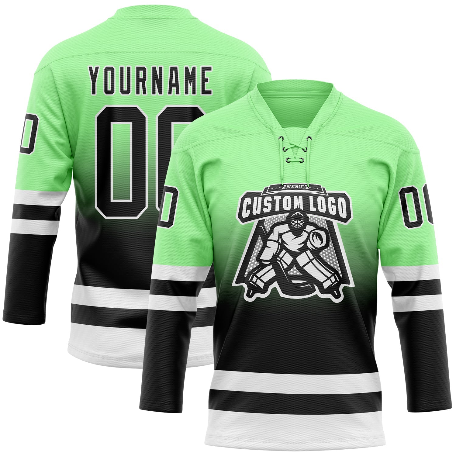 Custom Pea Green Black-White Fade Fashion Hockey Lace Neck Jersey view 2