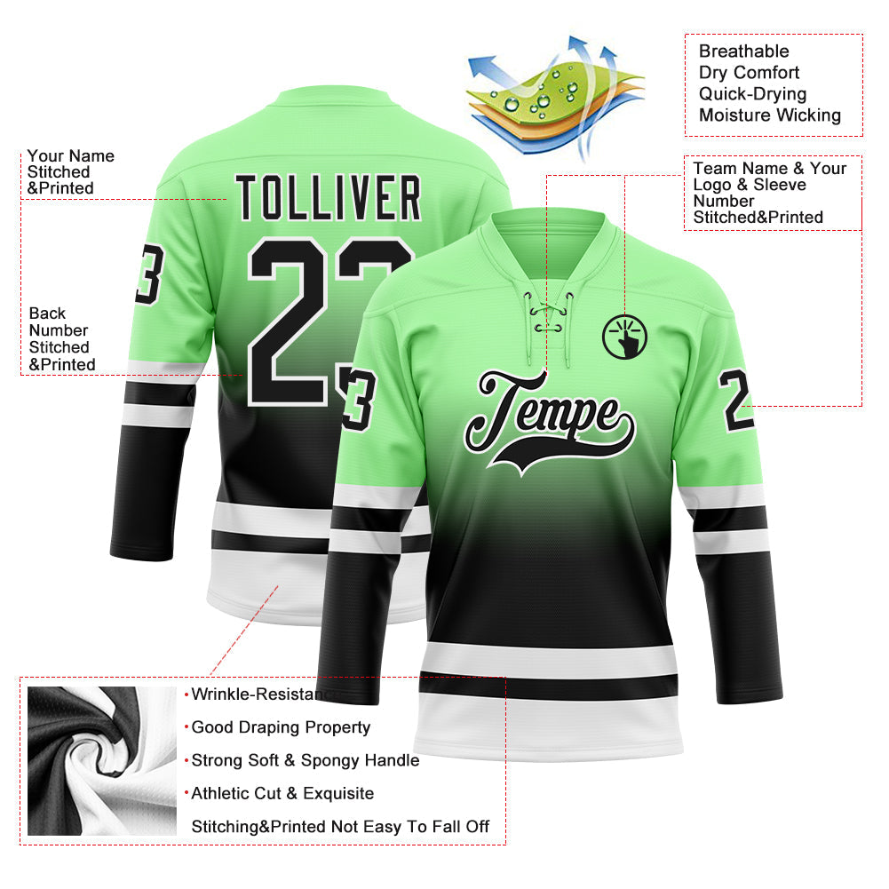 Custom Pea Green Black-White Fade Fashion Hockey Lace Neck Jersey view 5