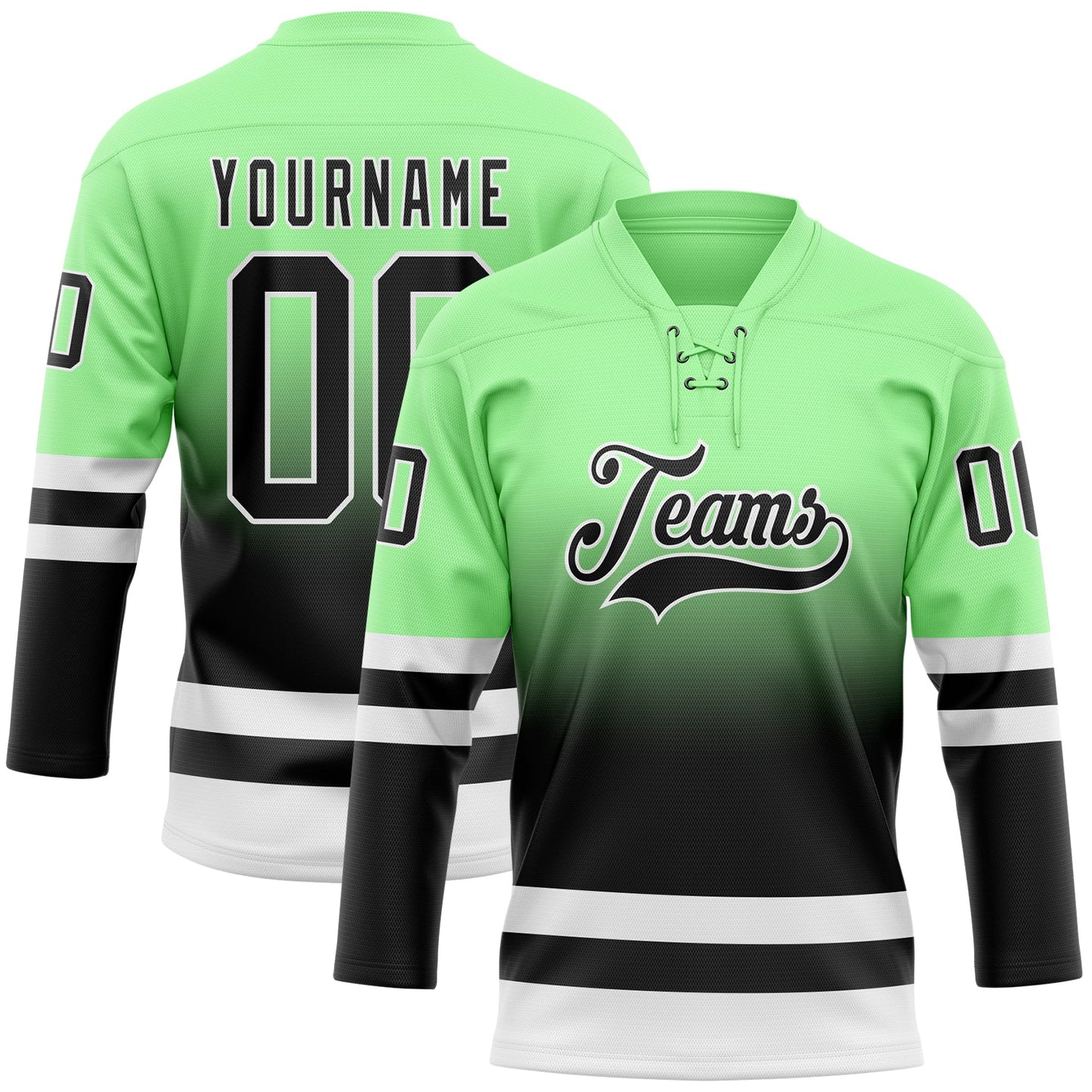 Custom Pea Green Black-White Fade Fashion Hockey Lace Neck Jersey - Main View