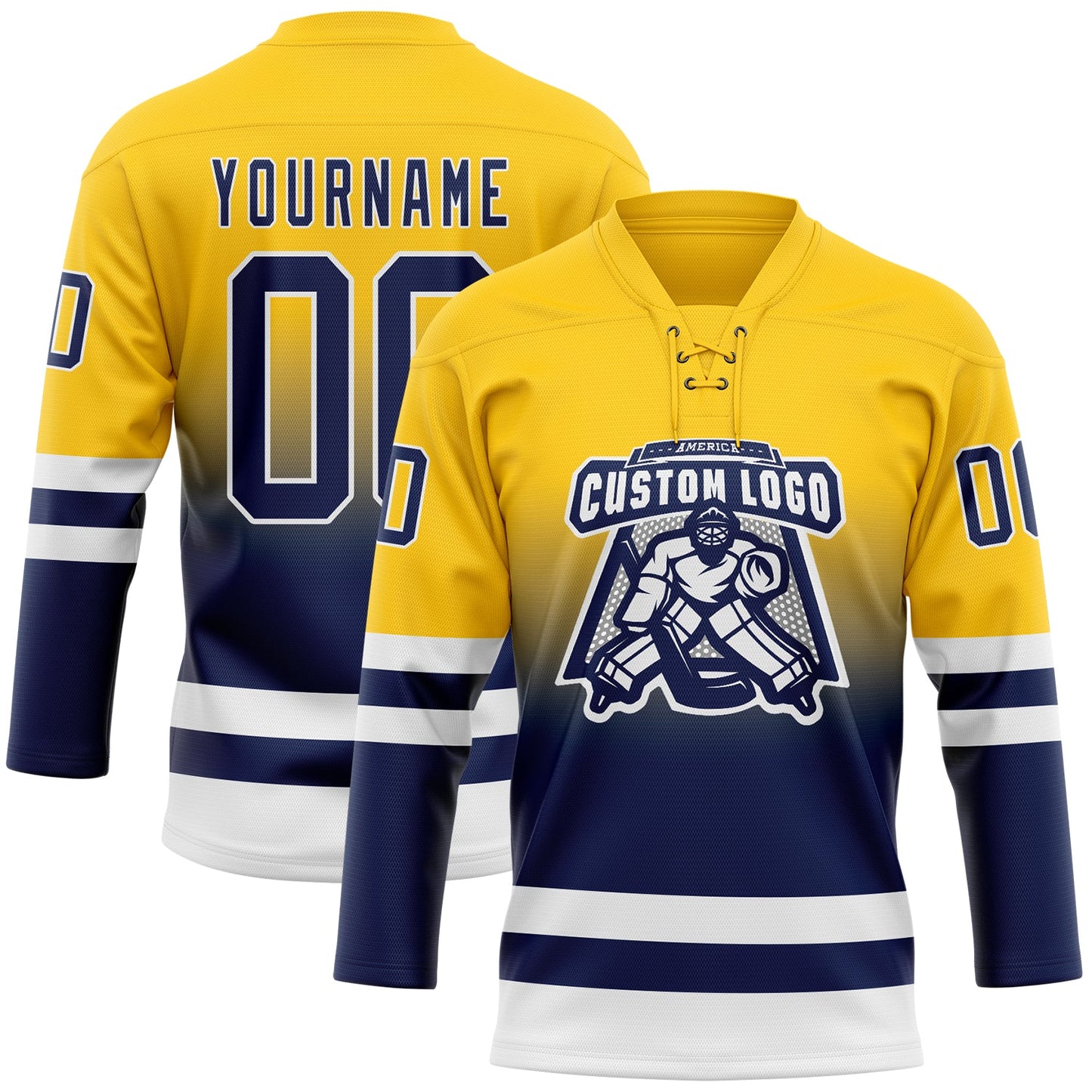 Custom Yellow Navy-White Fade Fashion Hockey Lace Neck Jersey view 2