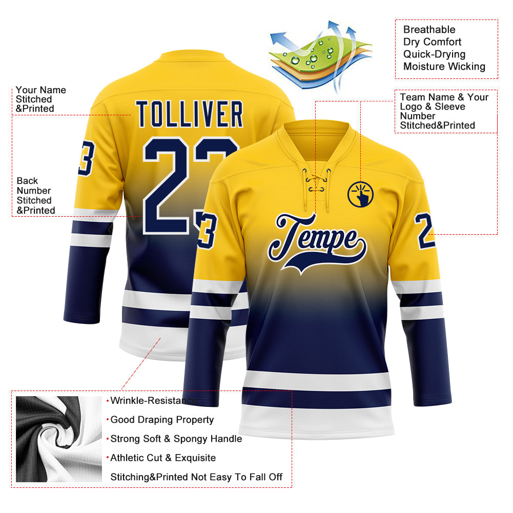Custom Yellow Navy-White Fade Fashion Hockey Lace Neck Jersey view 5