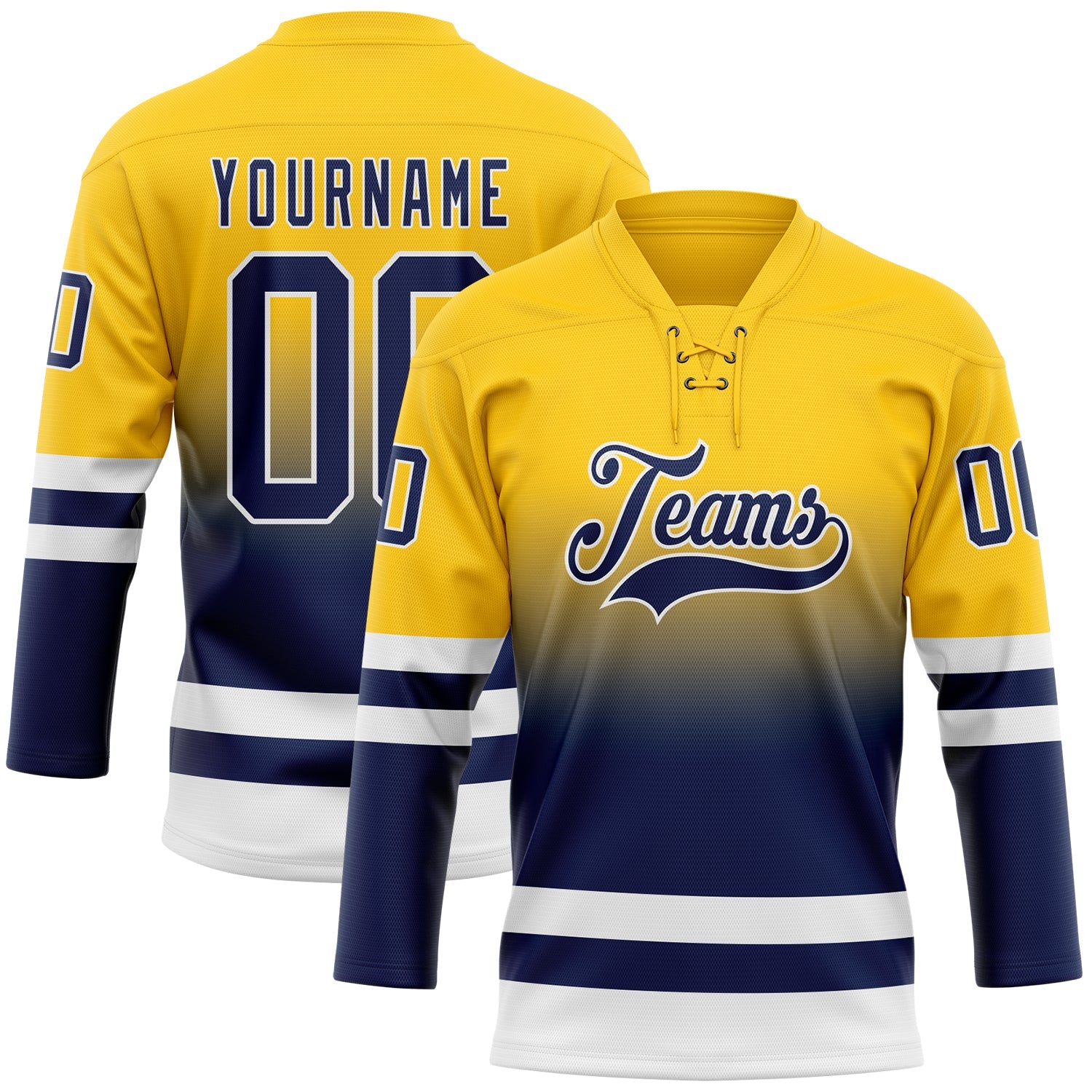 Custom Yellow Navy-White Fade Fashion Hockey Lace Neck Jersey - Main View