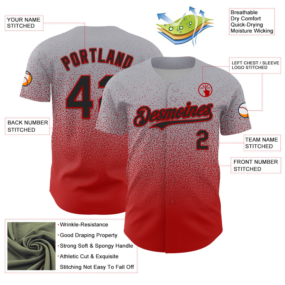 Custom Gray Black-Red Fade Fashion Speckle Authentic Baseball Jersey view 3