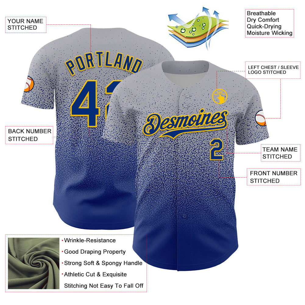 Custom Gray Royal-Gold Fade Fashion Speckle Authentic Baseball Jersey view 3