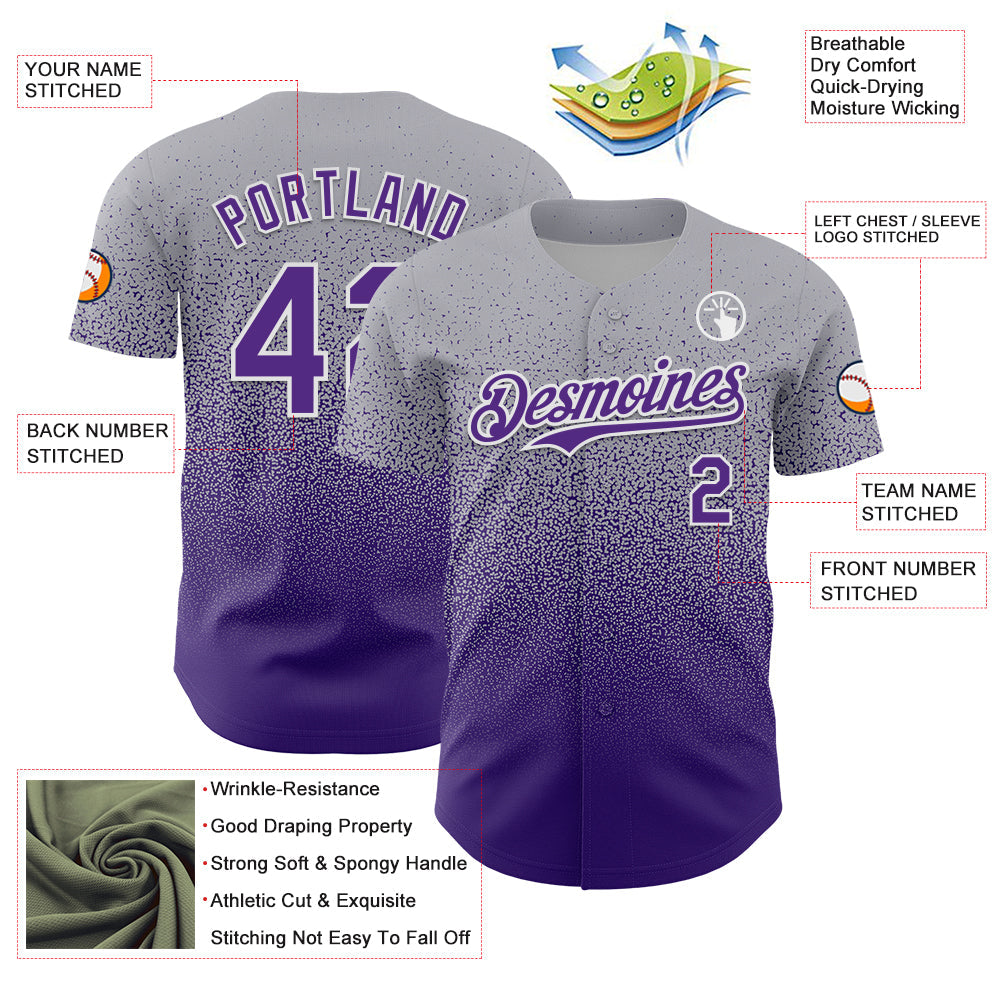 Custom Gray Purple-White Fade Fashion Speckle Authentic Baseball Jersey view 3