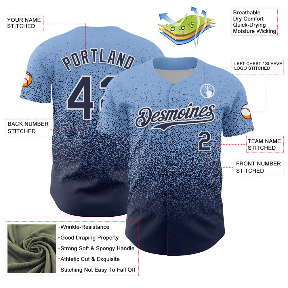 Custom Light Blue Navy-White Fade Fashion Speckle Authentic Baseball Jersey view 3