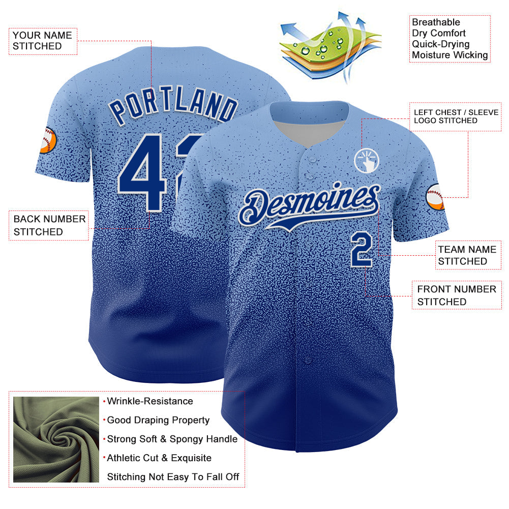 Custom Light Blue Royal-White Fade Fashion Speckle Authentic Baseball Jersey view 3