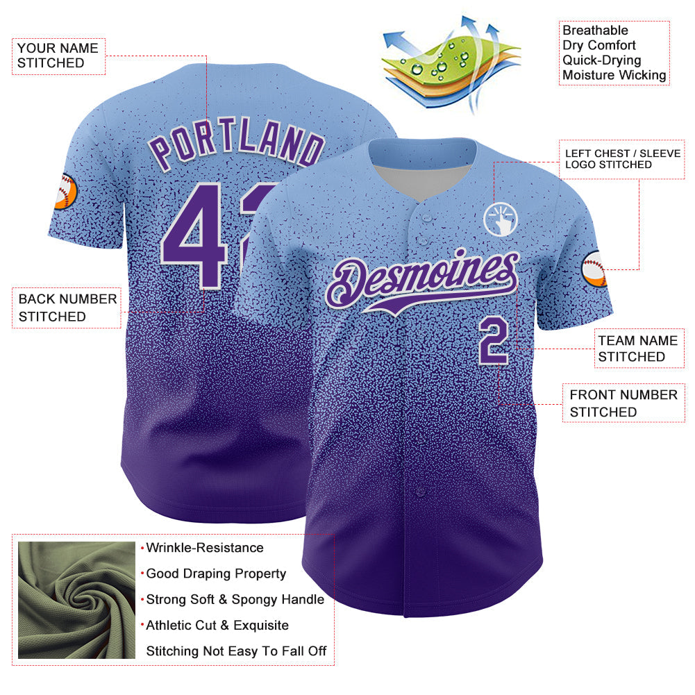 Custom Light Blue Purple-White Fade Fashion Speckle Authentic Baseball Jersey view 3