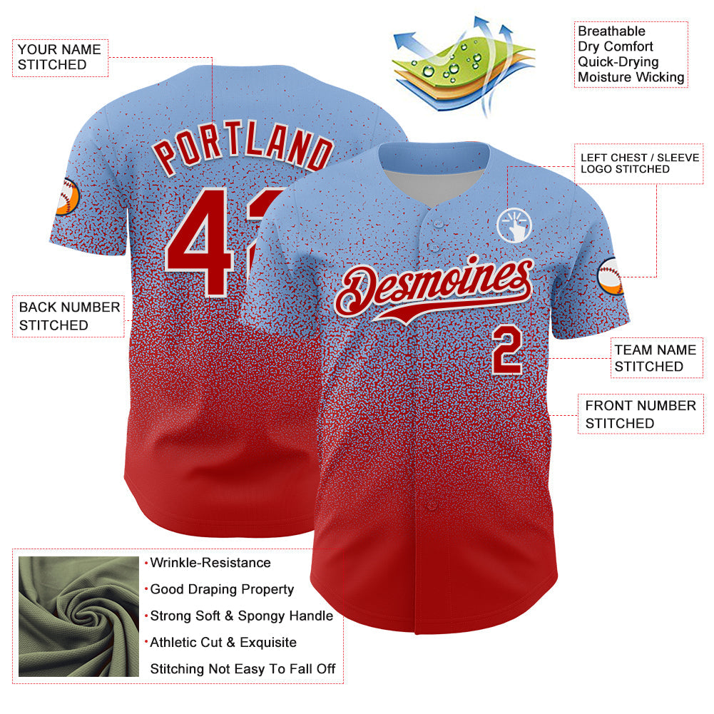 Custom Light Blue Red-White Fade Fashion Speckle Authentic Baseball Jersey view 3