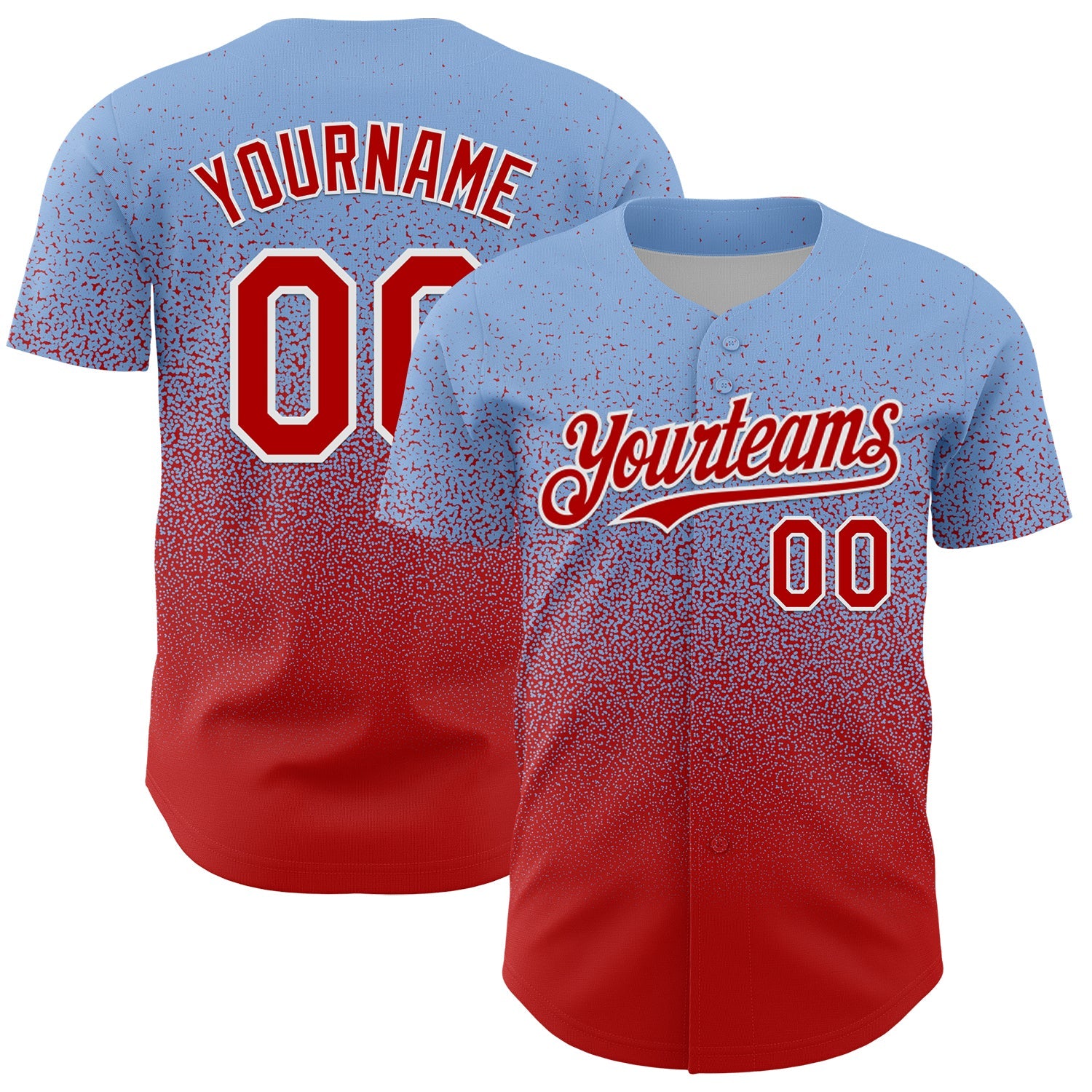Custom Light Blue Red-White Fade Fashion Speckle Authentic Baseball Jersey - Main View