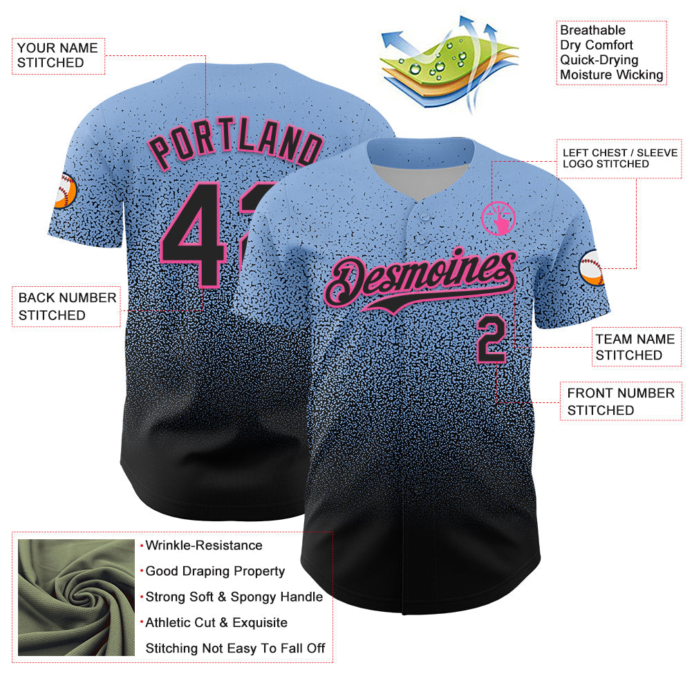Custom Light Blue Black-Pink Fade Fashion Speckle Authentic Baseball Jersey view 3