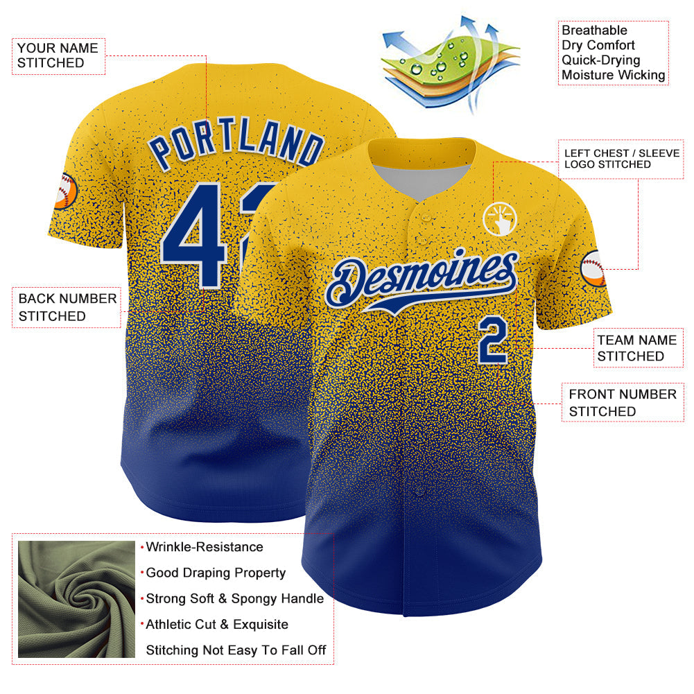 Custom Yellow Royal-White Fade Fashion Speckle Authentic Baseball Jersey view 3