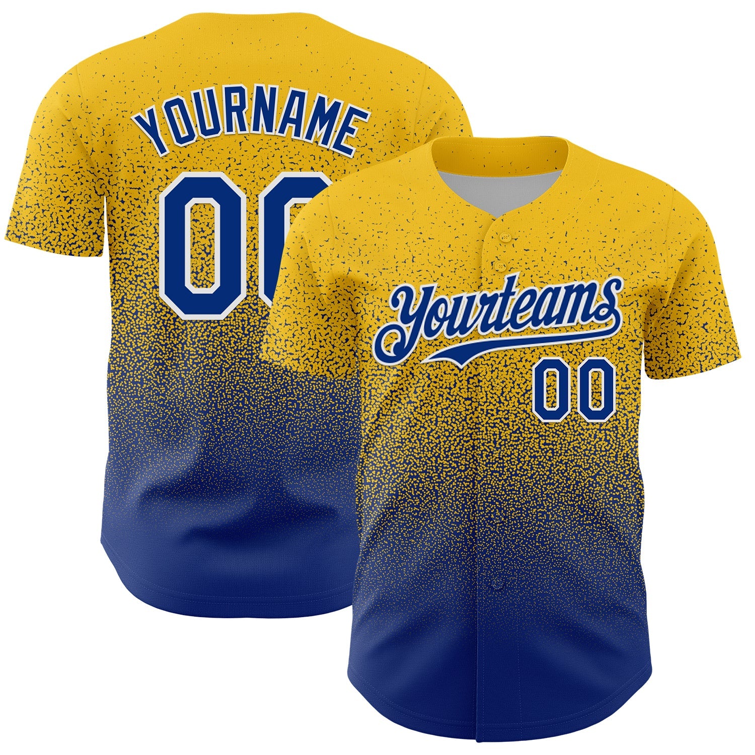 Custom Yellow Royal-White Fade Fashion Speckle Authentic Baseball Jersey - Main View