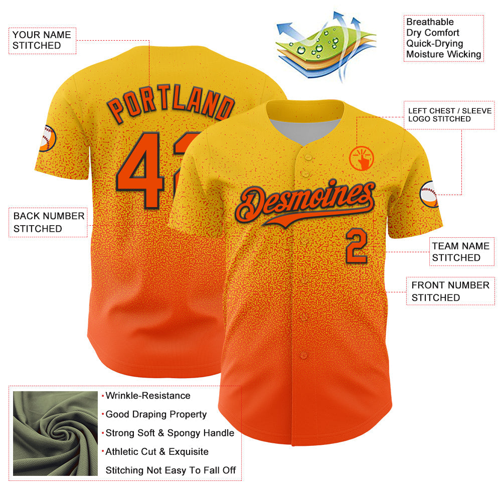 Custom Yellow Orange-Black Fade Fashion Speckle Authentic Baseball Jersey view 3
