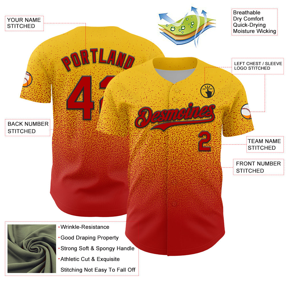 Custom Yellow Red-Black Fade Fashion Speckle Authentic Baseball Jersey view 3