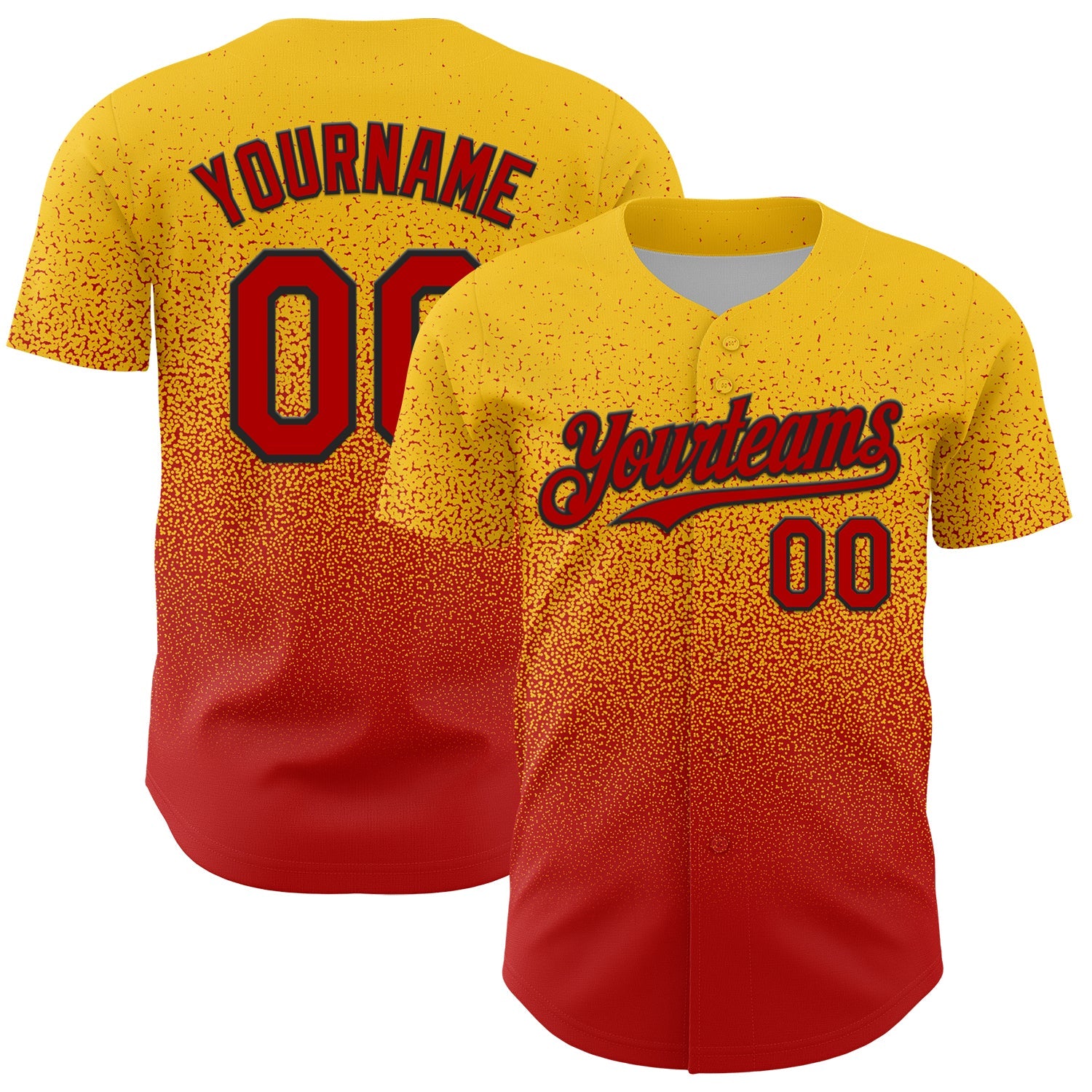 Custom Yellow Red-Black Fade Fashion Speckle Authentic Baseball Jersey - Main View