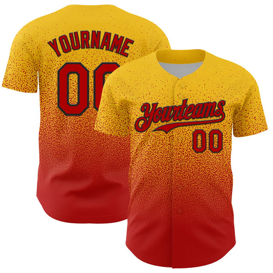 Custom Yellow Red-Black Fade Fashion Speckle Authentic Baseball Jersey - Main View