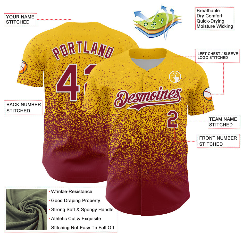 Custom Yellow Crimson-White Fade Fashion Speckle Authentic Baseball Jersey view 3
