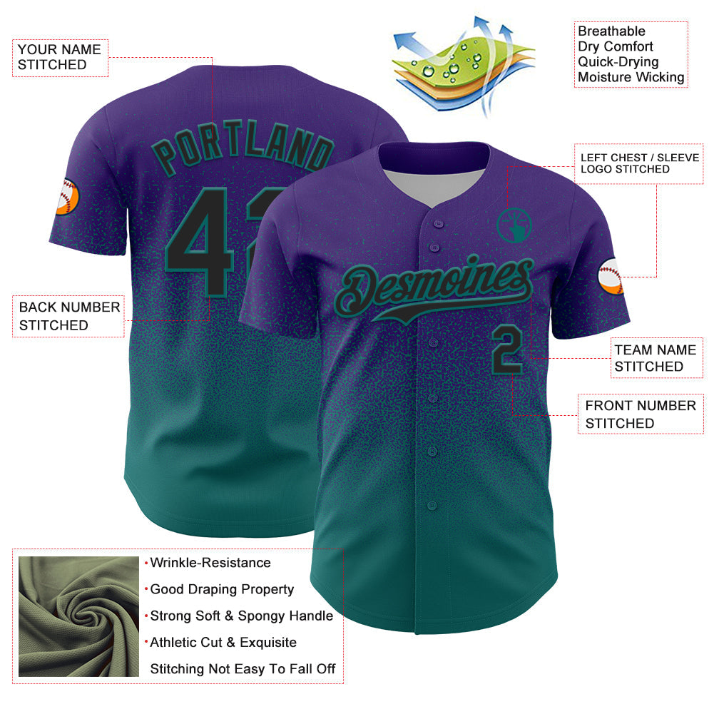 Custom Purple Black-Teal Fade Fashion Speckle Authentic Baseball Jersey view 3