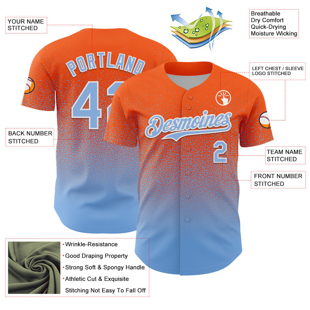 Custom Orange Light Blue-White Fade Fashion Speckle Authentic Baseball Jersey view 3