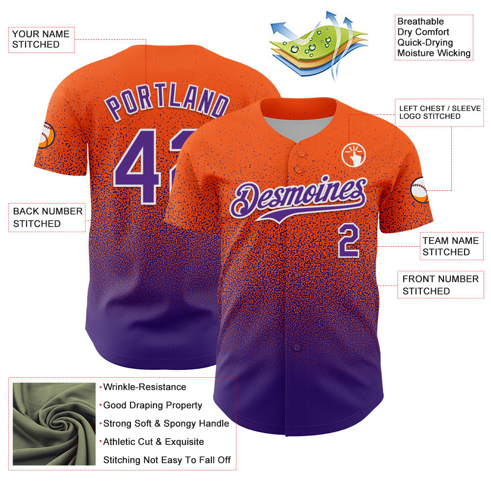 Custom Orange Purple-White Fade Fashion Speckle Authentic Baseball Jersey view 3