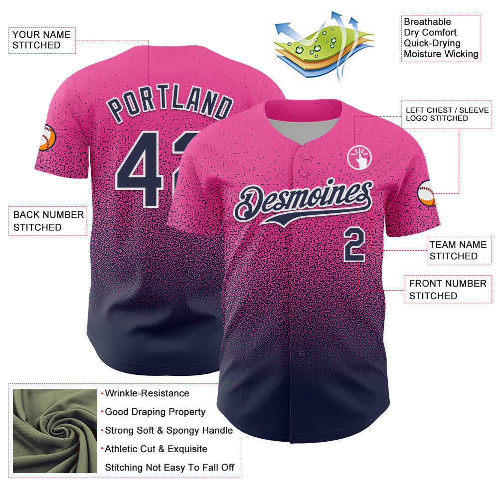 Custom Pink Navy-White Fade Fashion Speckle Authentic Baseball Jersey view 3
