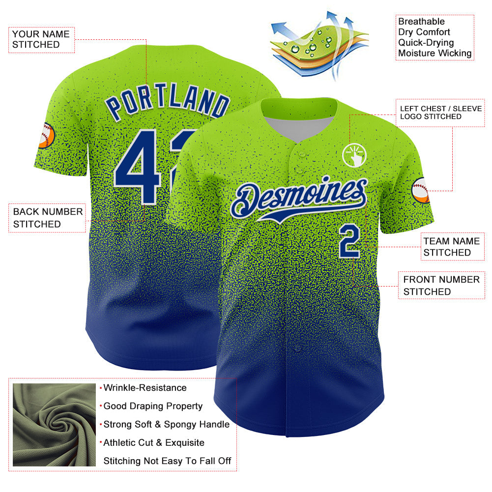 Custom Neon Green Royal-White Fade Fashion Speckle Authentic Baseball Jersey view 3