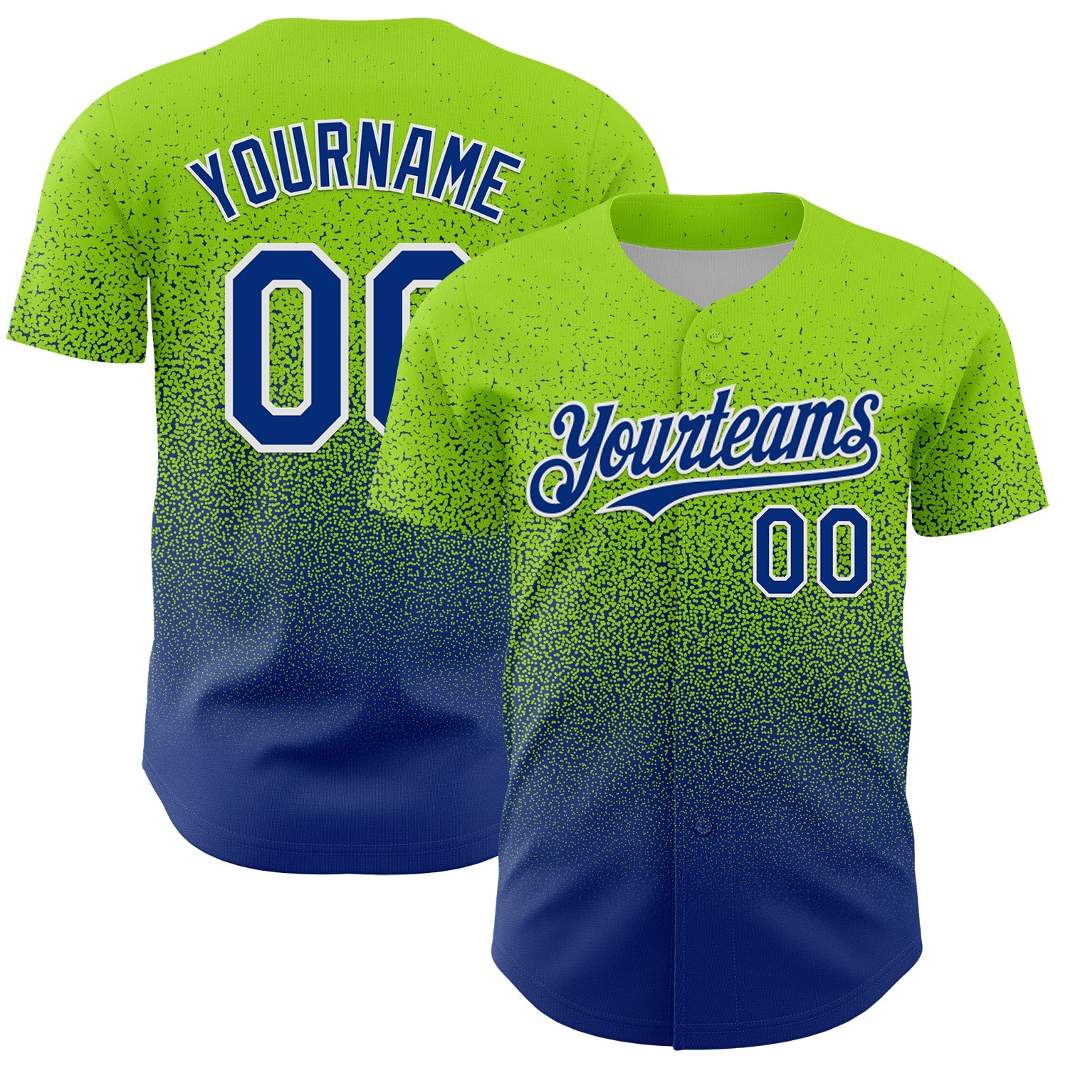 Custom Neon Green Royal-White Fade Fashion Speckle Authentic Baseball Jersey - Main View