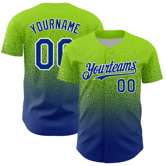 Custom Neon Green Royal-White Fade Fashion Speckle Authentic Baseball Jersey - Main View