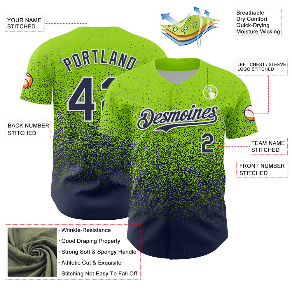 Custom Neon Green Navy-White Fade Fashion Speckle Authentic Baseball Jersey view 3