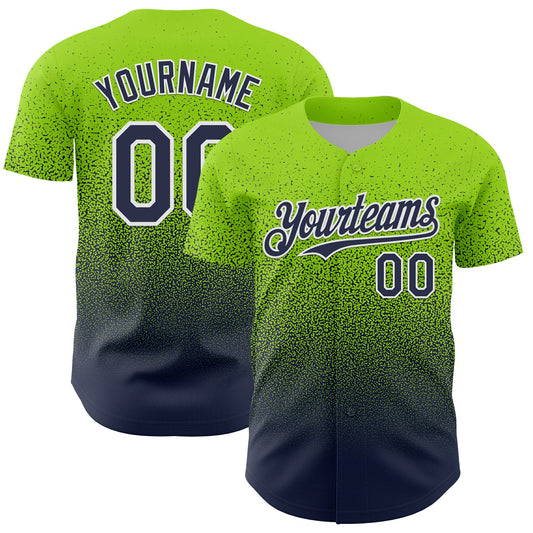 Custom Neon Green Navy-White Fade Fashion Speckle Authentic Baseball Jersey - Main View