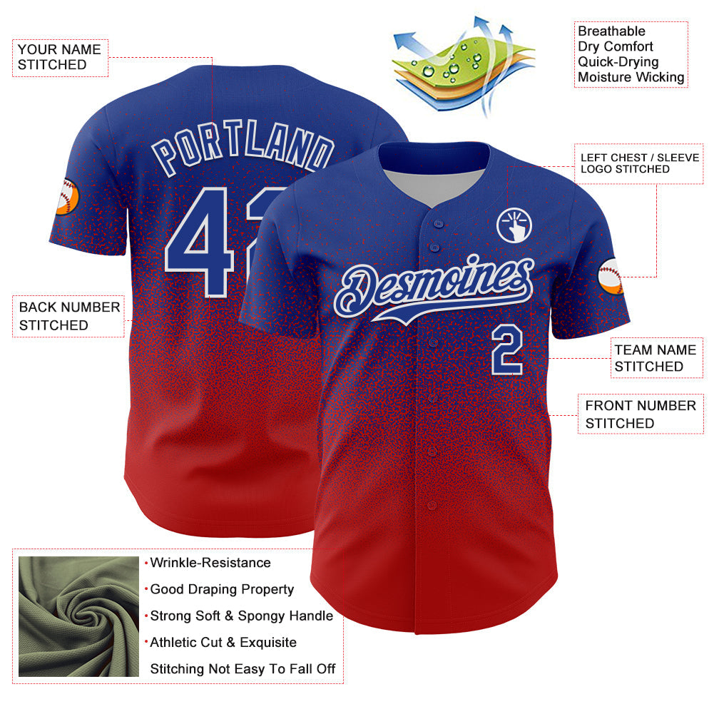 Custom Royal White-Red Fade Fashion Speckle Authentic Baseball Jersey view 3