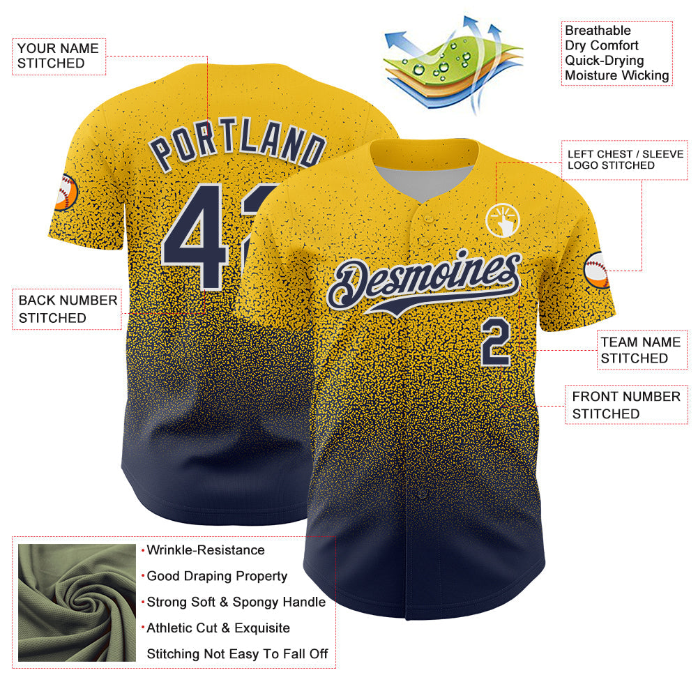 Custom Yellow Navy-White Fade Fashion Speckle Authentic Baseball Jersey view 3