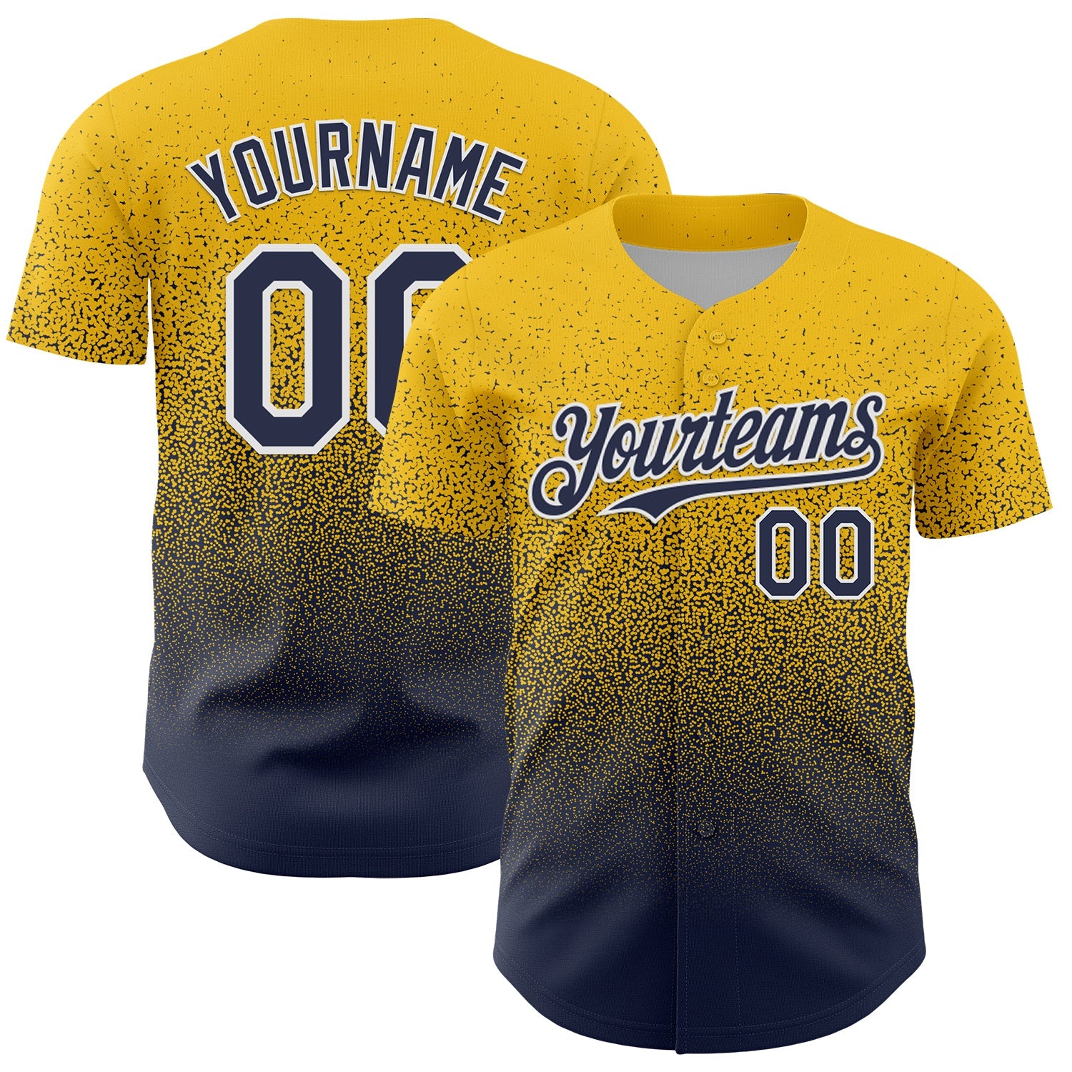 Custom Yellow Navy-White Fade Fashion Speckle Authentic Baseball Jersey - Main View