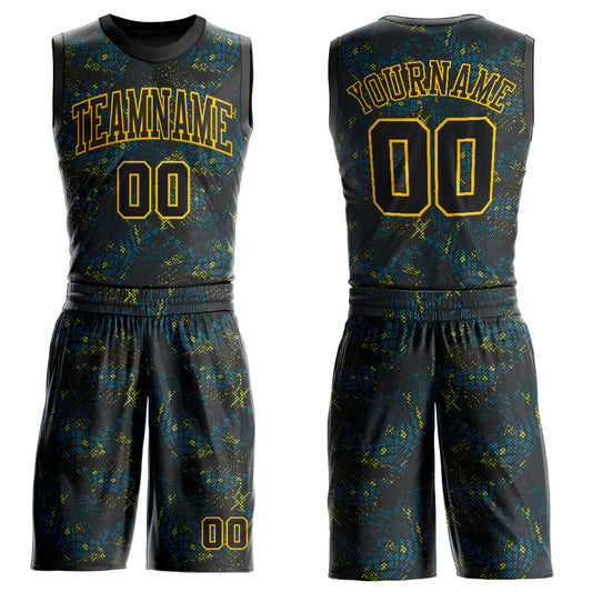 Custom Figure Black-Gold Round Neck Sublimation Basketball Uniform Jersey - Main View