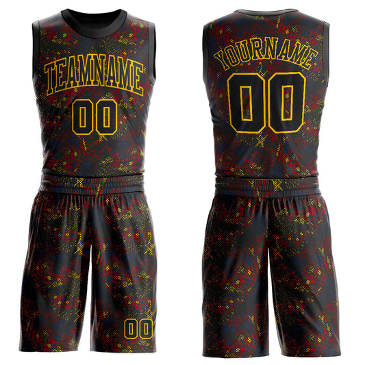 Custom Figure Black-Gold Round Neck Sublimation Basketball Uniform Jersey - Main View