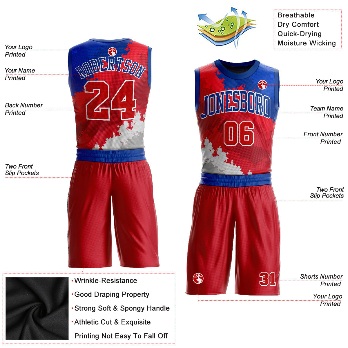 Custom Figure Red-Royal Round Neck Sublimation Basketball Uniform Jersey view 2
