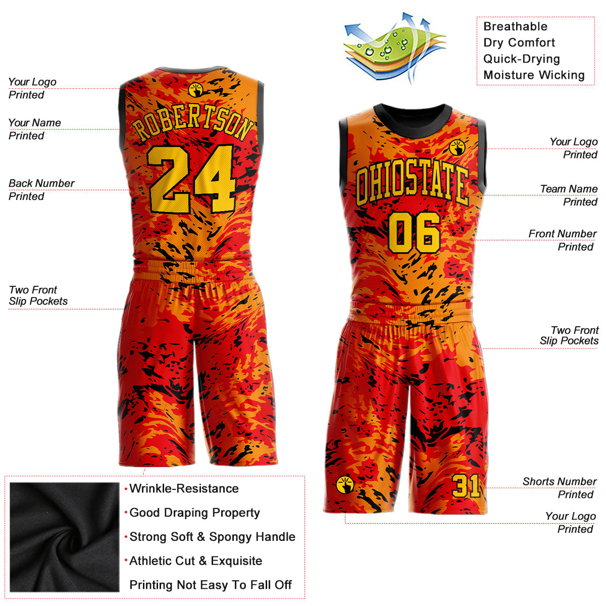 Custom Figure Gold-Orange Round Neck Sublimation Basketball Uniform Jersey view 2