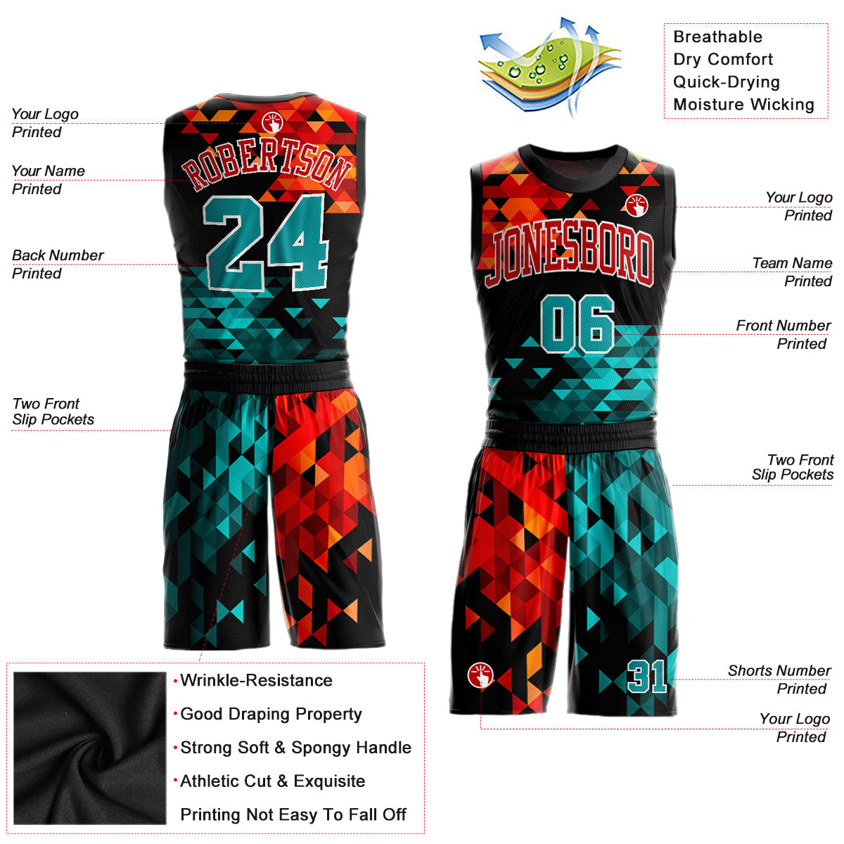 Custom Figure Aqua-Red Round Neck Sublimation Basketball Uniform Jersey view 2