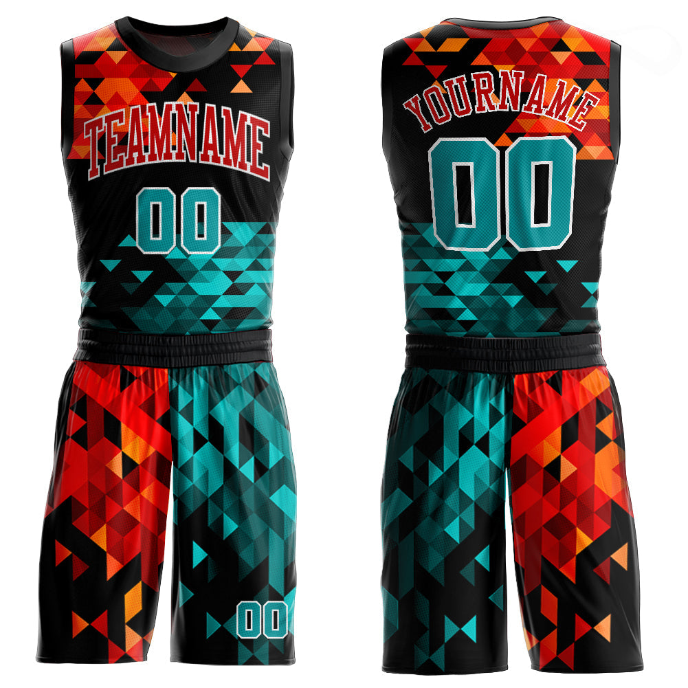 Custom Figure Aqua-Red Round Neck Sublimation Basketball Uniform Jersey - Main View