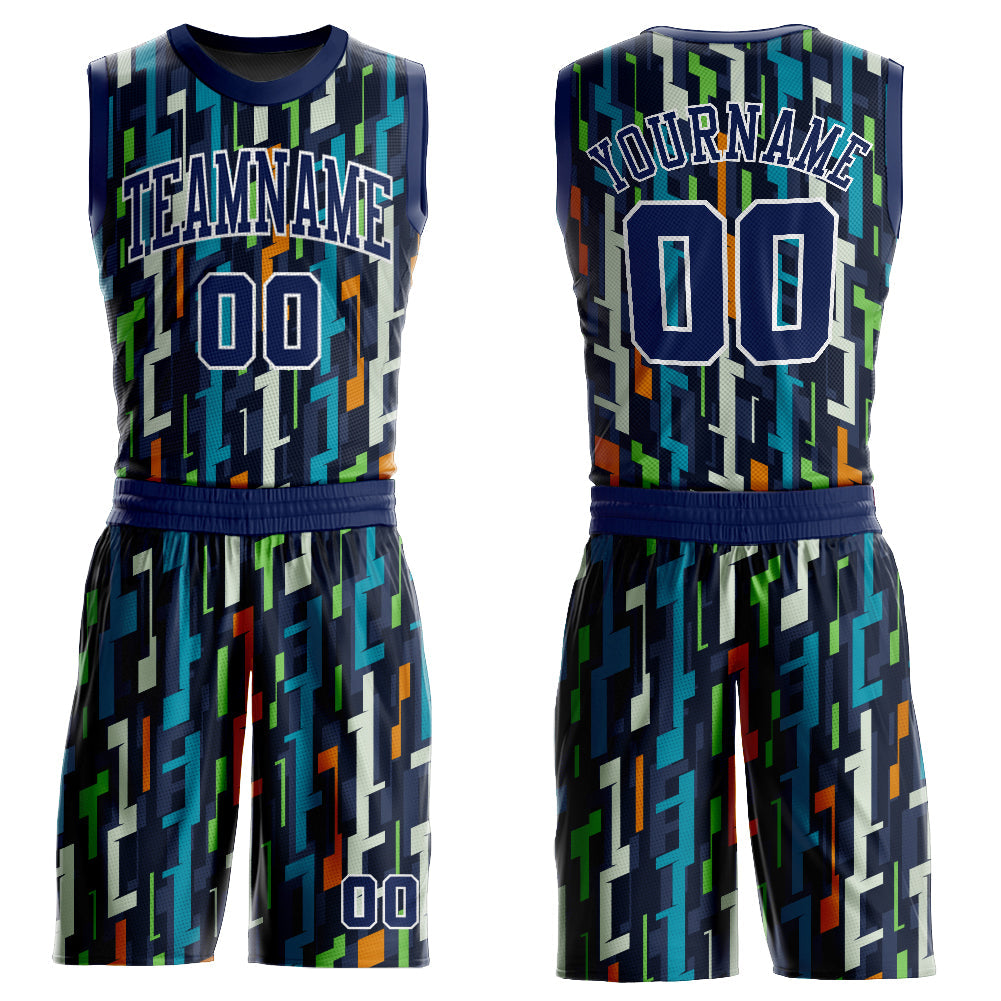 Custom Figure Navy-White Round Neck Sublimation Basketball Uniform Jersey - Main View