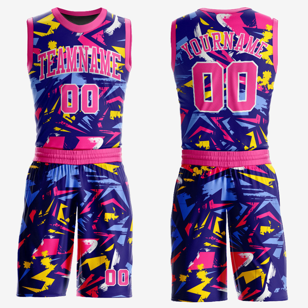 Custom Figure Pink-Gold Music Festival Round Neck Sublimation Basketball Uniform Jersey - Main View