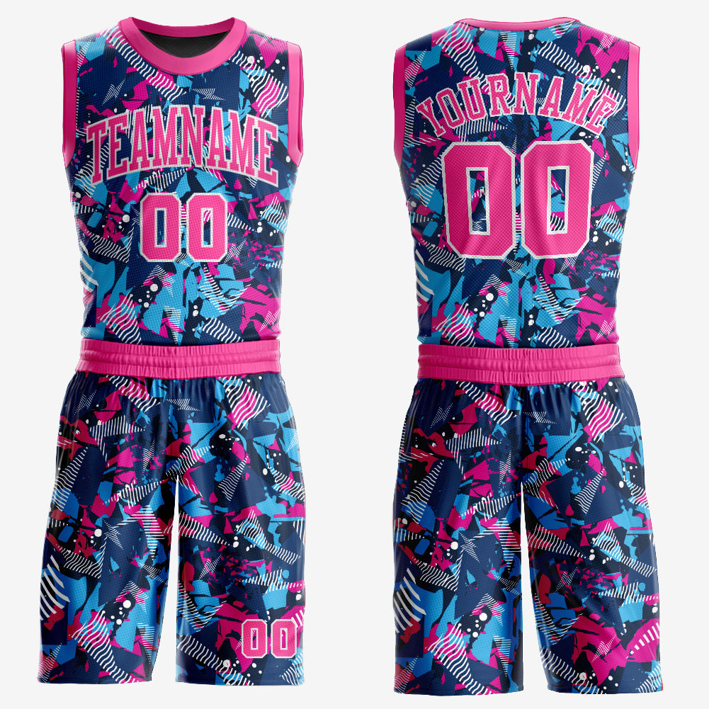 Custom Figure Pink-Light Blue Round Neck Sublimation Basketball Uniform Jersey - Main View