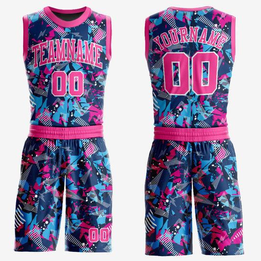 Custom Figure Pink-Light Blue Round Neck Sublimation Basketball Uniform Jersey - Main View
