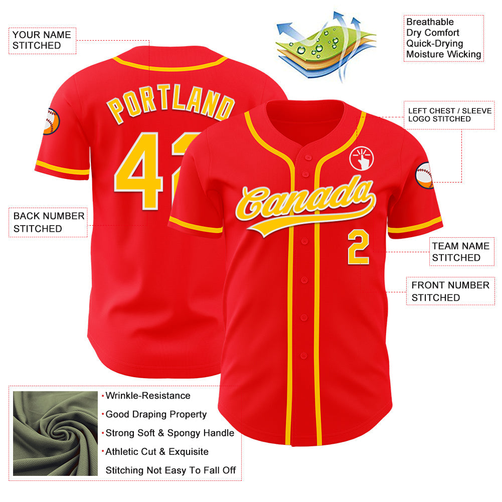 Custom Fire Red Yellow-White Authentic Baseball Jersey view 3