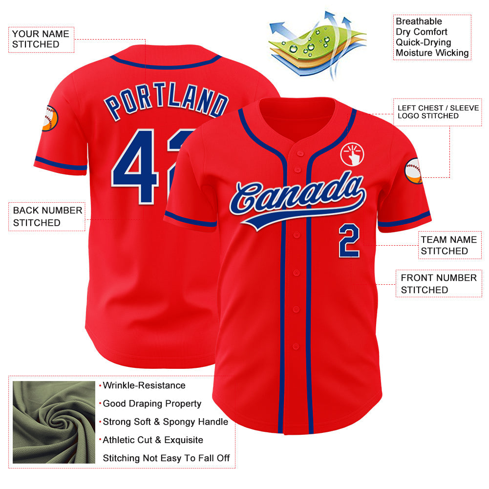 Custom Fire Red Royal-White Authentic Baseball Jersey view 3